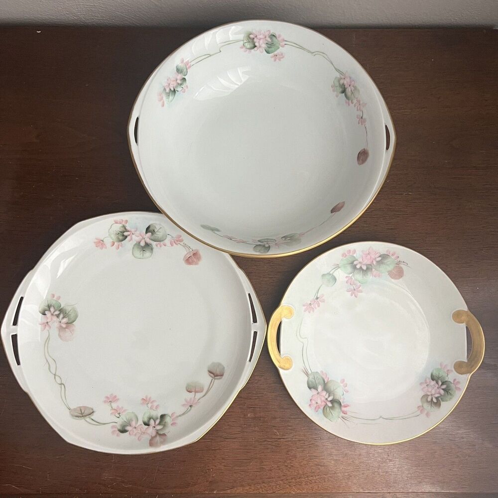 Vintage Hand Painted 2 Round Serving Platters w Handles 1 Bowl Pink Floral Sign